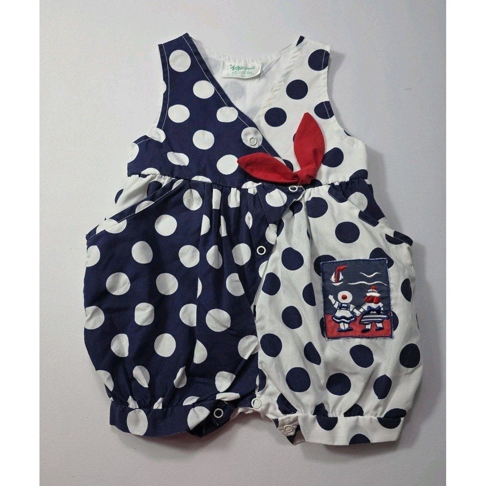 Vintage Tiny Tots Girl Polka Dot Romper 12M Nautical Red Bow